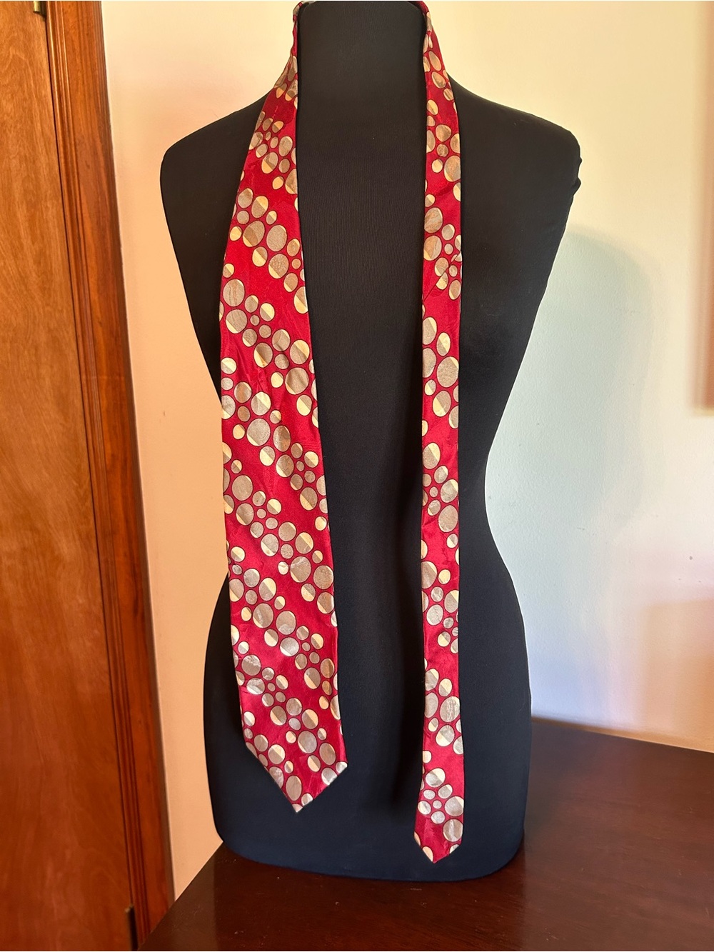 Silk Red Tie with Gold Dot Pattern - Unbranded